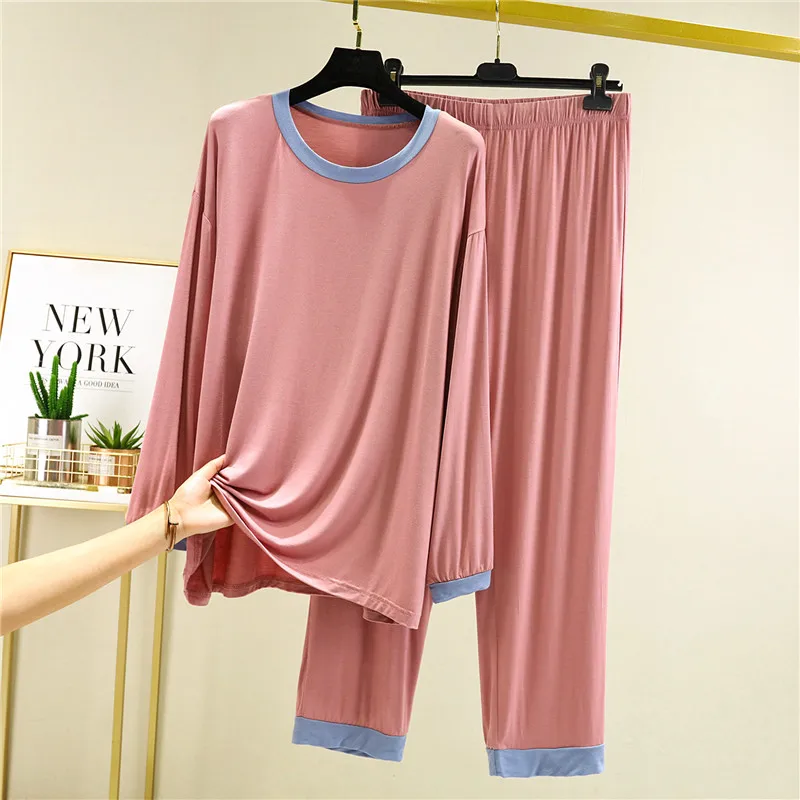 Fdfklak Spring Autumn Pajamas For Women New Contrast Color Sleepwear Ladies Long-Sleeve Trousers Suit Casual Modal Home Clothes
