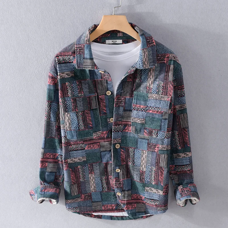 

Men's Long Sleeve Corduroy Shirt Jacket Fashion Casual Youth Popular Trendy Male Printed Corduroy Shirt Male Street Style Spring