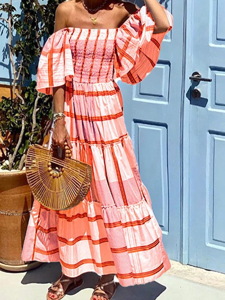 Summer Women Plaid Print A-line Beach Dress Sexy Off the shoulder Boho Long Dress Casual Femme Slash Neck Cover Up Sundress