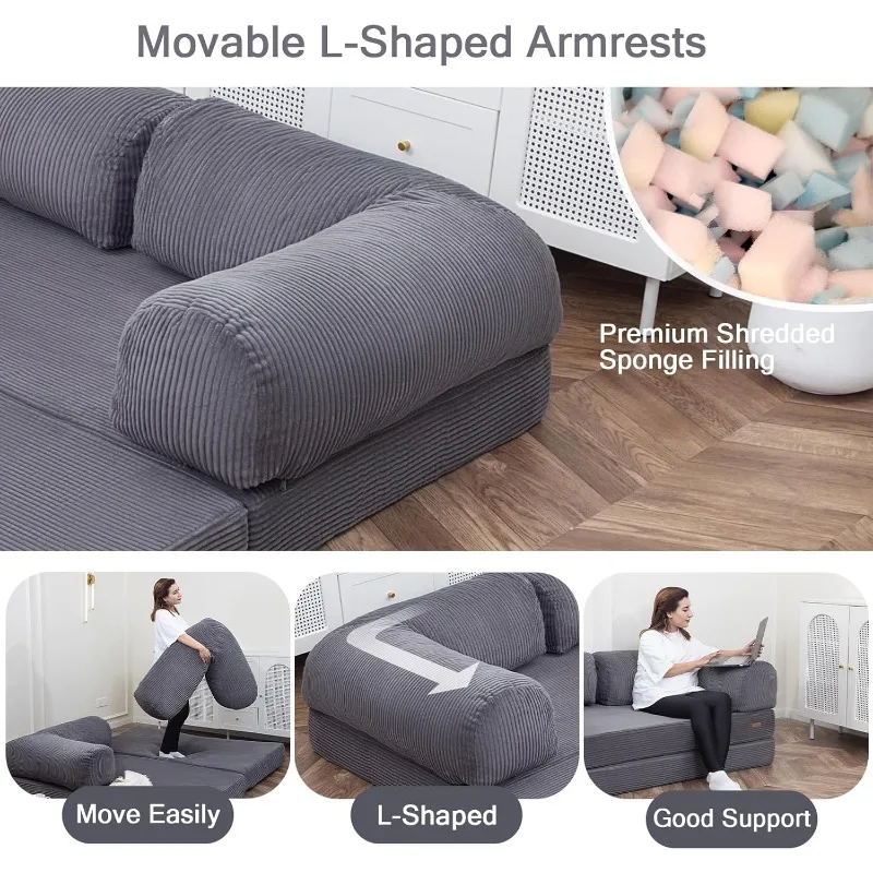 Tempat Tidur Sofa, Tempat Tidur Sofa Lipat Lantai 4-In-1 Queen dengan Sandaran Tangan Berbentuk L, Kasur Tidur Tempat Tidur Kursi Lipat Dapat Dikonversi