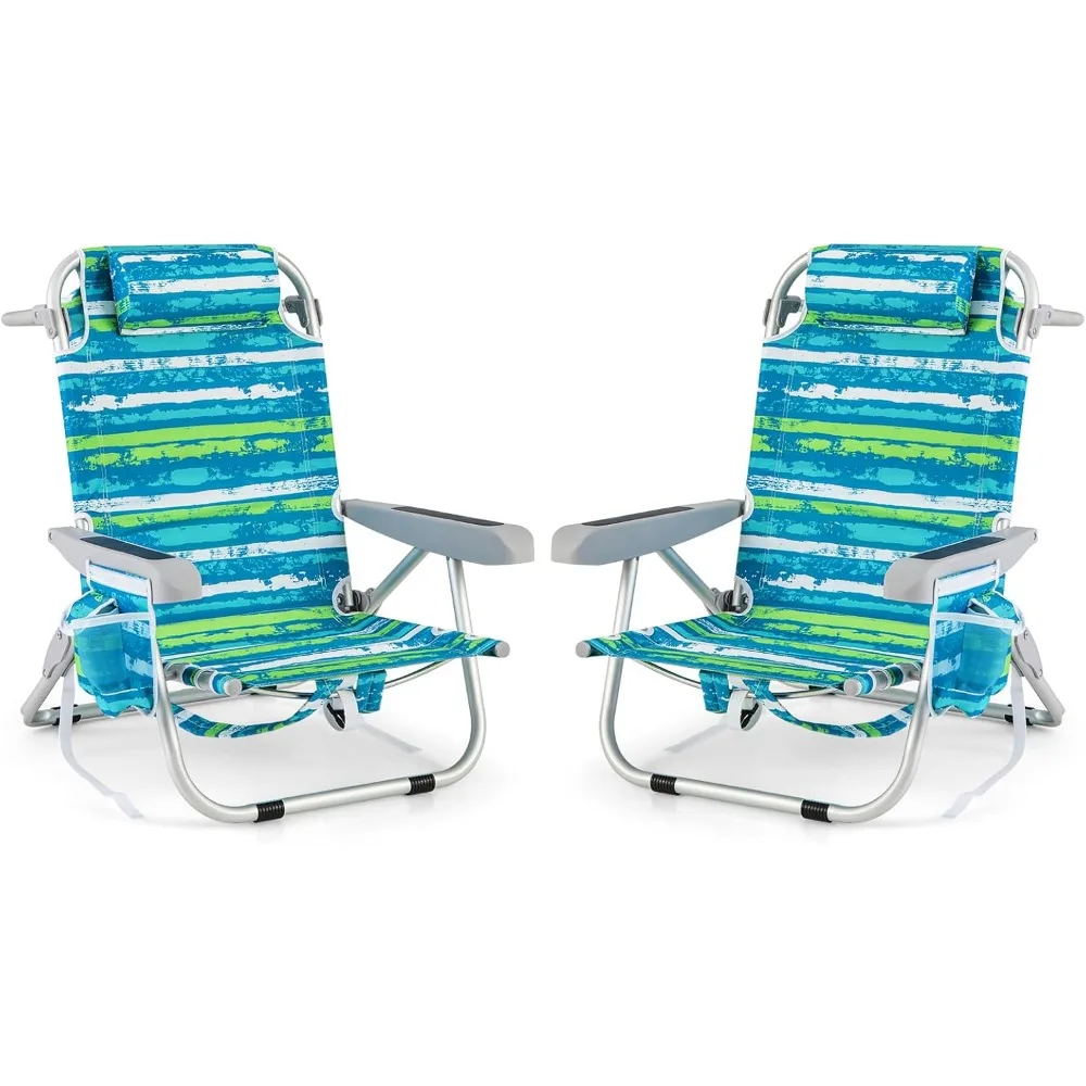 

2-Pack Backpack Beach Chair, Foldable Camping Chair with 5 Adjustable Position, Cup Holder, Storage Pockets, Straps, Towel Rack