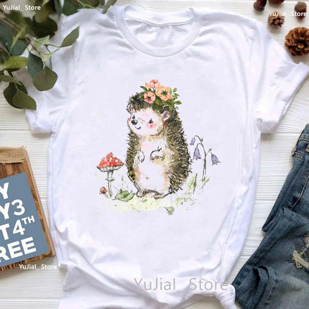 

Kawaii Hedgehog Flowers Print T Shirt Girls Summer Fashion Tops Tee Shirt Femme Harajuku Shirt Short Sleeve T-Shirt Female