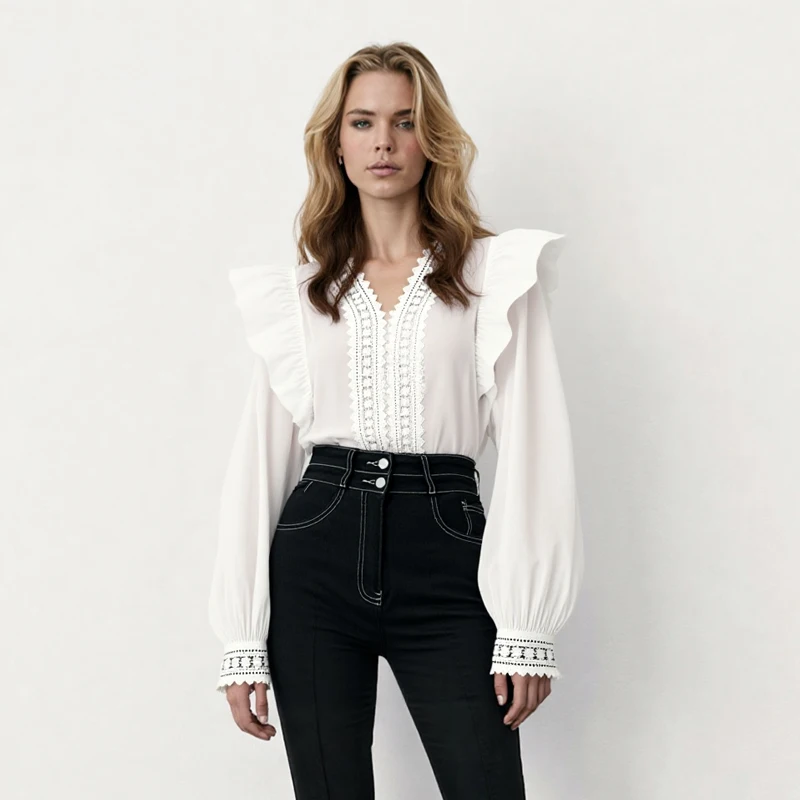 

Белая кружевная лоскутная женская рубашка с v-образным вырезом, повседневная свободная женская блузка с объемными рукавами, милая женская блузка с длинными рукавами, весна-осень New1983