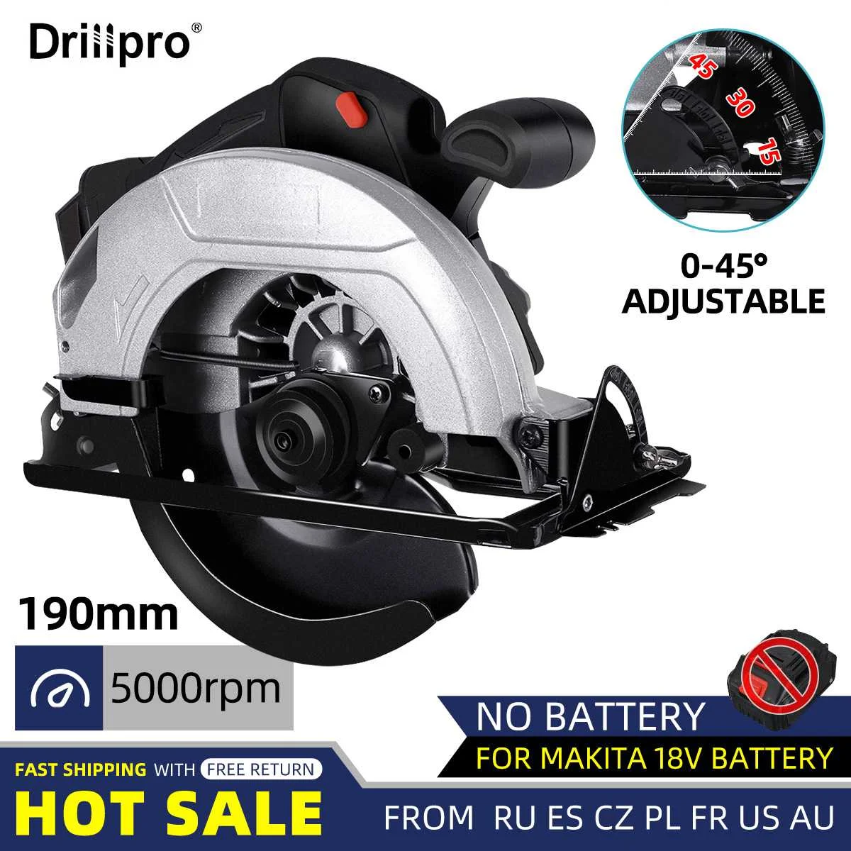 Drillpro 190mm Brushless Circular Saw Cordless Electric Saw 0° to 45° Adjustable Wood Cuttiing Machine For  18V Battery