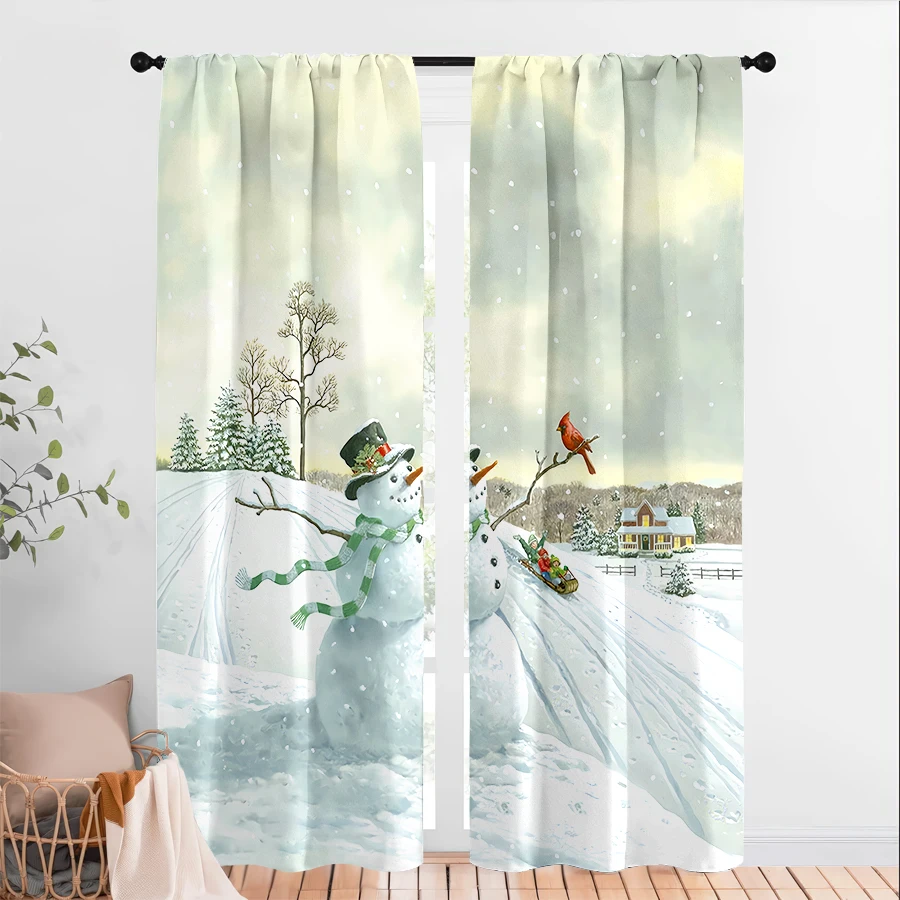 2PCS Christmas Winter Curtains, Snowman Cardinal, Digital Print, Bedroom Living Room Kitchen, Rod Pocket Polyester, Home Decor