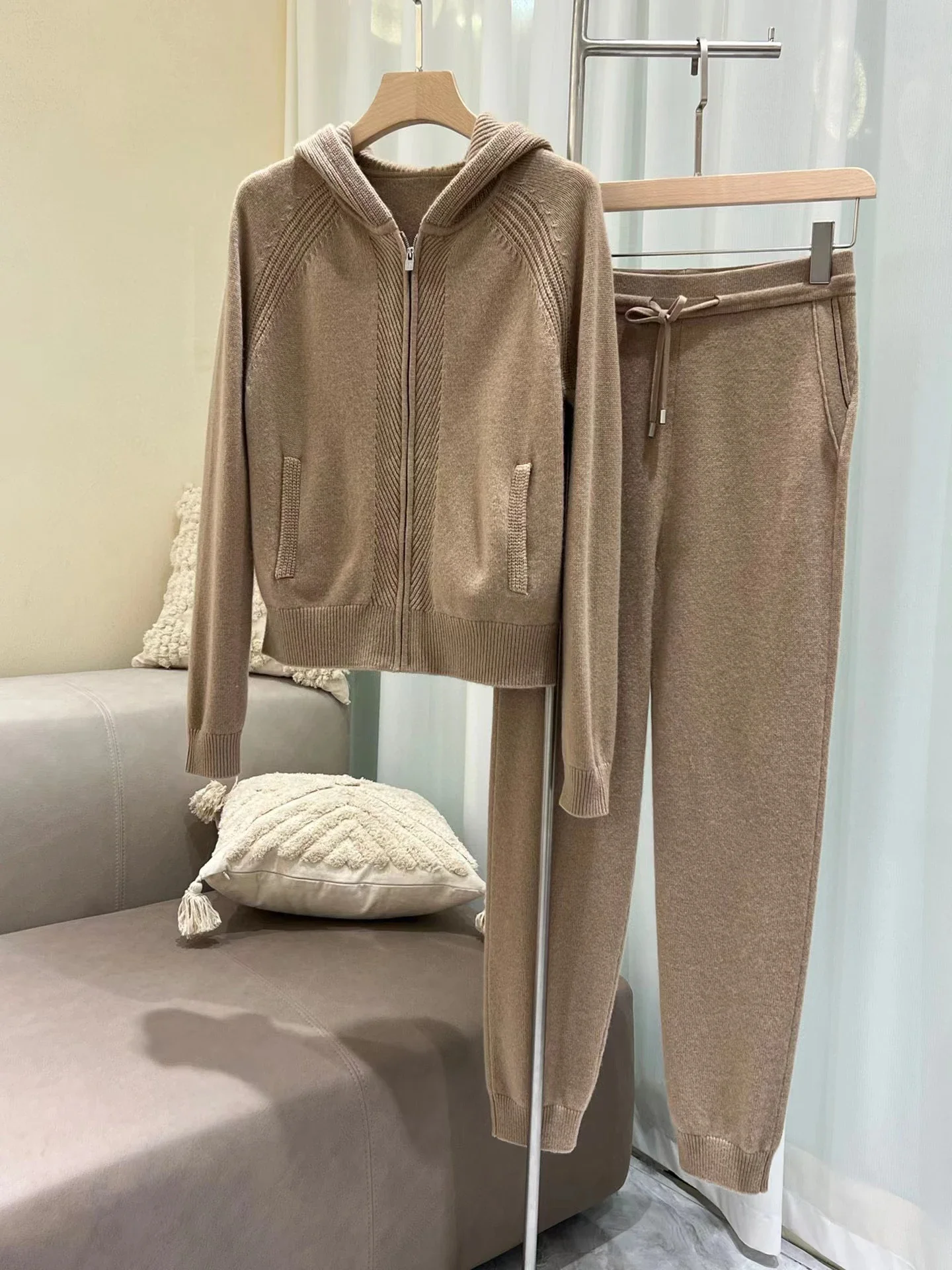 Women's Set 2024 New Autumn Winter Cashmere Zipper Fly Loose Casual Long Sleeve Top or High Waist Long Pants