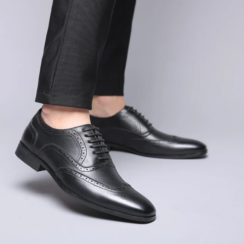 Men\'s Classic Retro Brogue Shoes Mens Lace-Up Leather Dress Business Office Flats Men Wedding Party Oxfords EUR Sizes 38-48