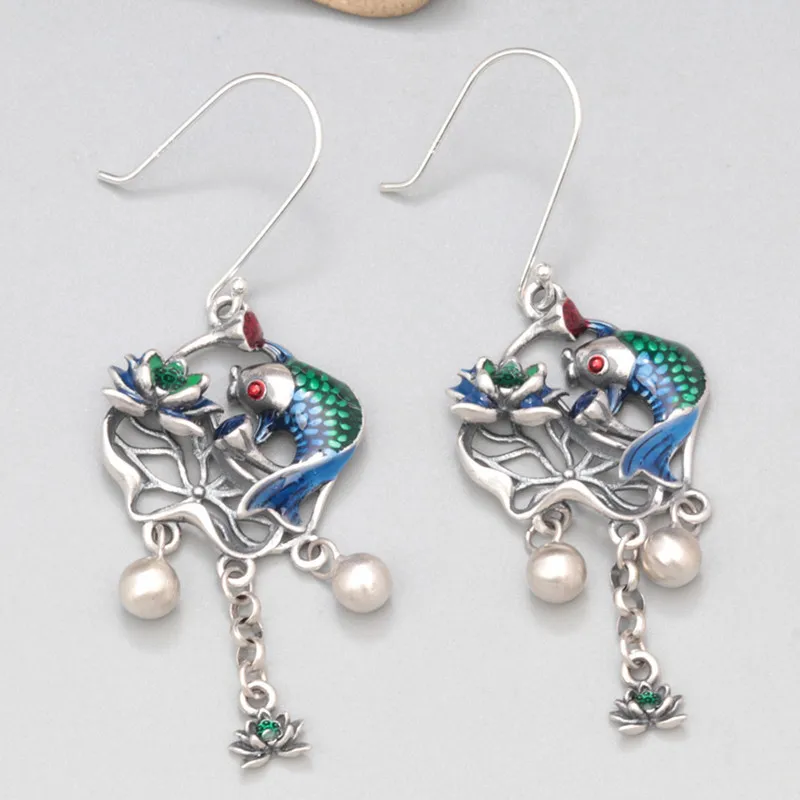 

990 foot anemone lotus lotus koi fish small fish earrings retro ethnic style long fringe