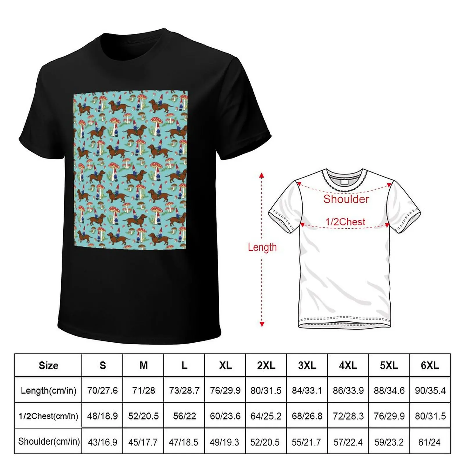 Gnome and Dachshund in Mushroom Land, Turquoise Blue Background T-Shirt Christmas Theme Tee Top