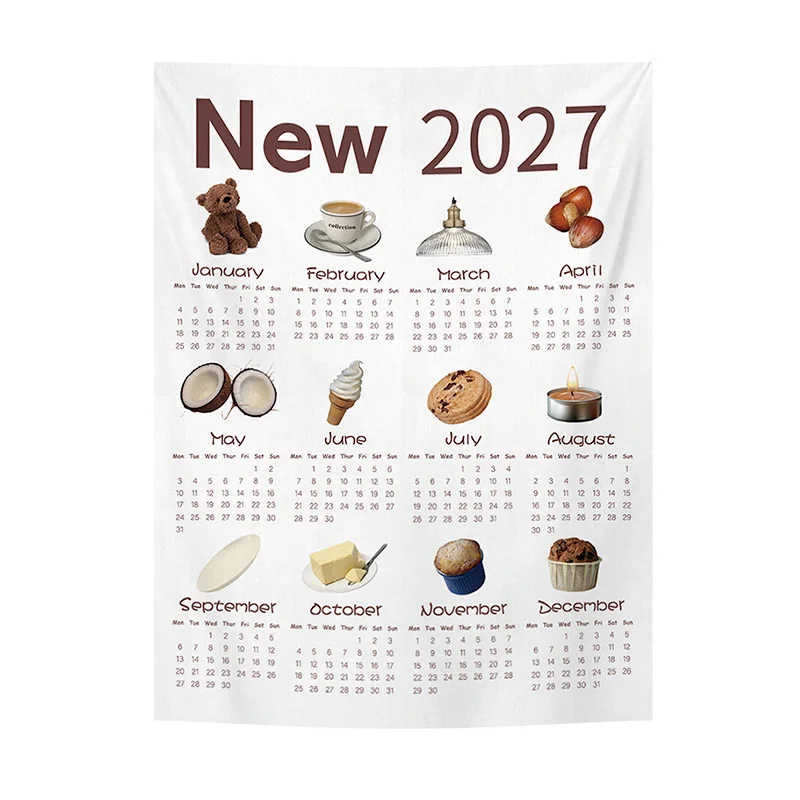 VIKAMA Food Calendar 2027 Tapestry Bread Coffee Dessert Printing Wall Hanging Background Cloth Home Wall Decoration