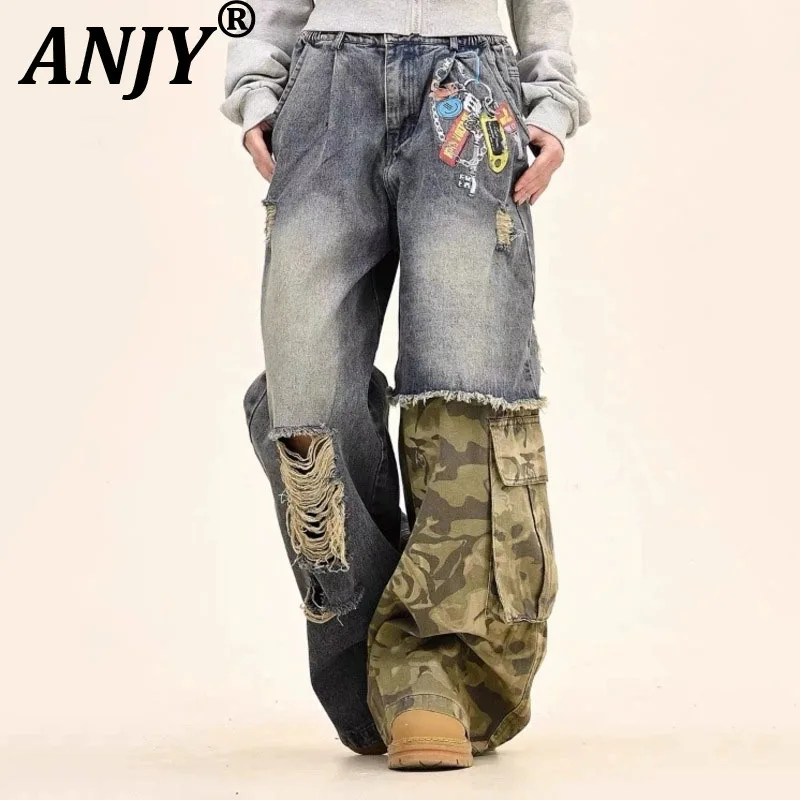 

ANJY Autumn American Style Niche Design Streetwear Camouflage Patchwork Ripped Tide Straight Jeans Ins Fashion Punk Pants A10447