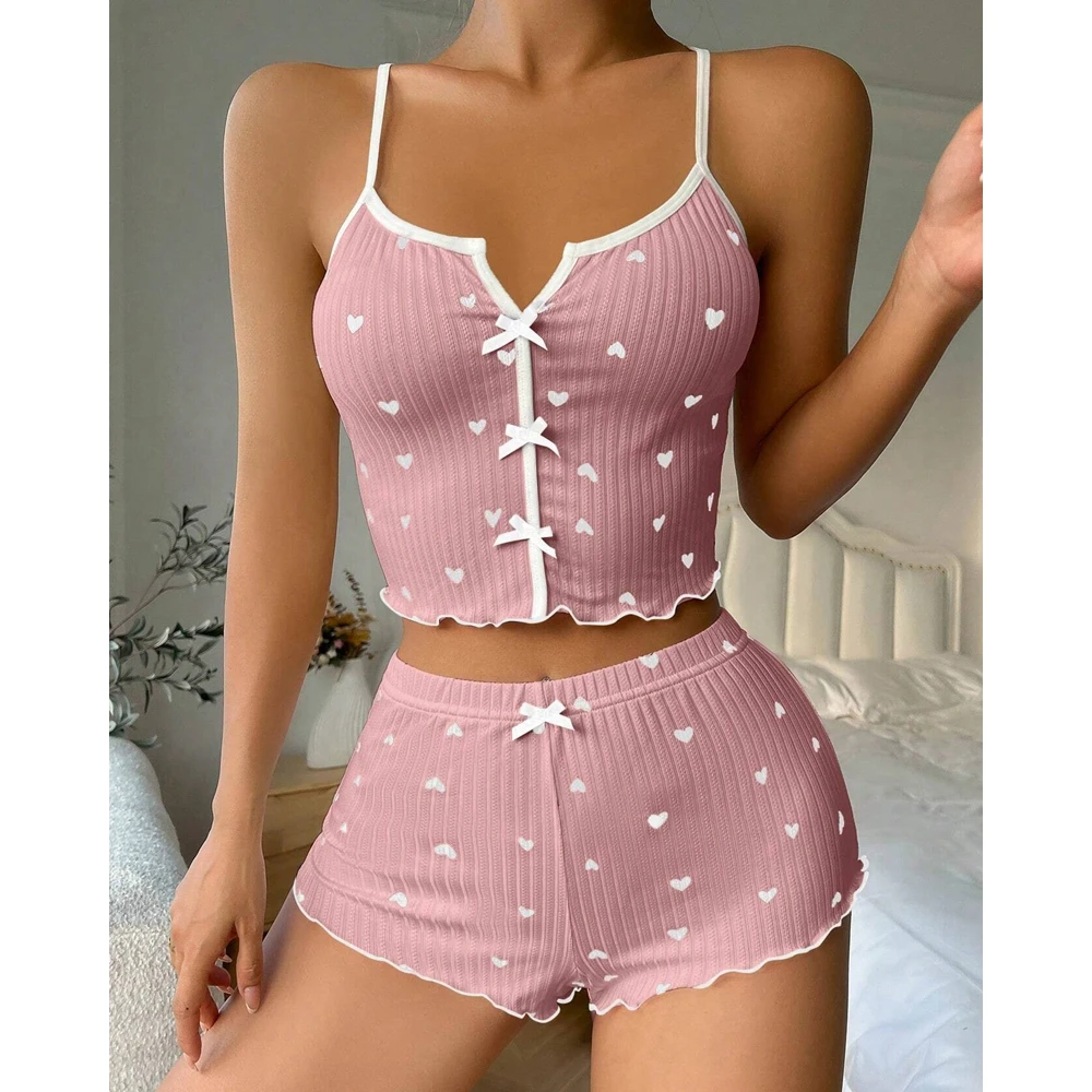 Frauen Herz druck Bowknot Design Spaghetti träger Top & Short Sets Sommer zweiteilige Pyjamas Set Nachtwäsche lässig versand kostenfrei