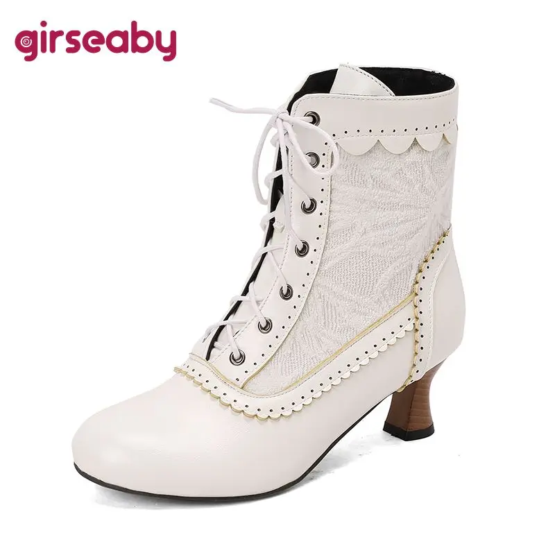 

Girseaby Elegant Female Ankle Boots Round Toe Strange Heels 5.5cm Lace Up Plus Size 46 47 49 50 Retro Office Lady Bota