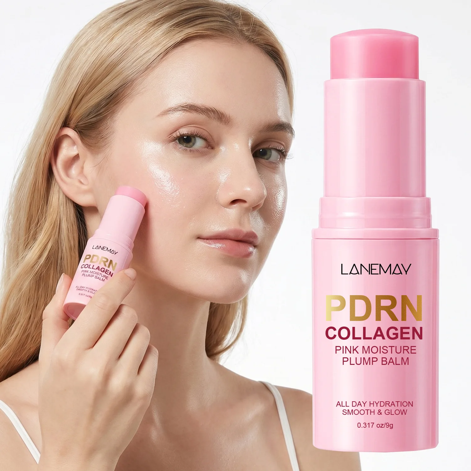 PDRN Collagen Pink Moisture Plump Balm - All Day Hydration for Face, Neck & Eyes, Multi-Purpose Skin Care Stick.