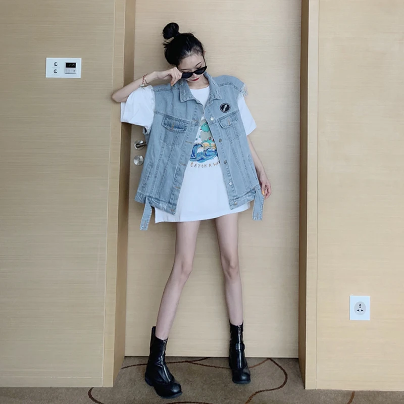 Gilet en Denim pour femmes, tendance, rue, printemps automne, ample, coussin d'épaule, Jaet Harajuku, vêtements de travail, gilet d'extérieur