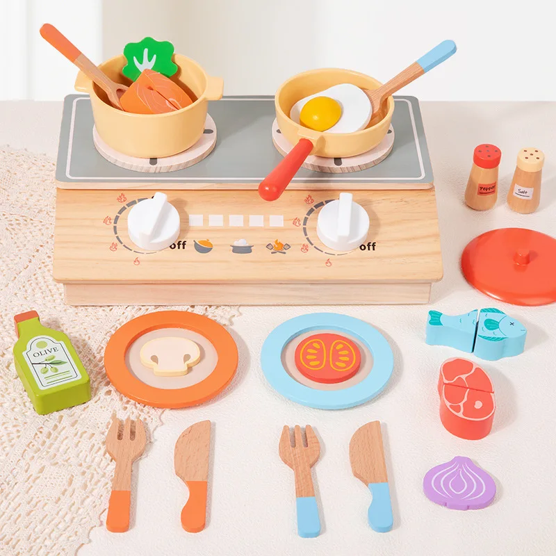 モンテッソーリ早期教育木製子供用シミュレーションキッチンごっこ遊び野菜肉ご飯炊き器セットツール付き楽しいおもちゃ