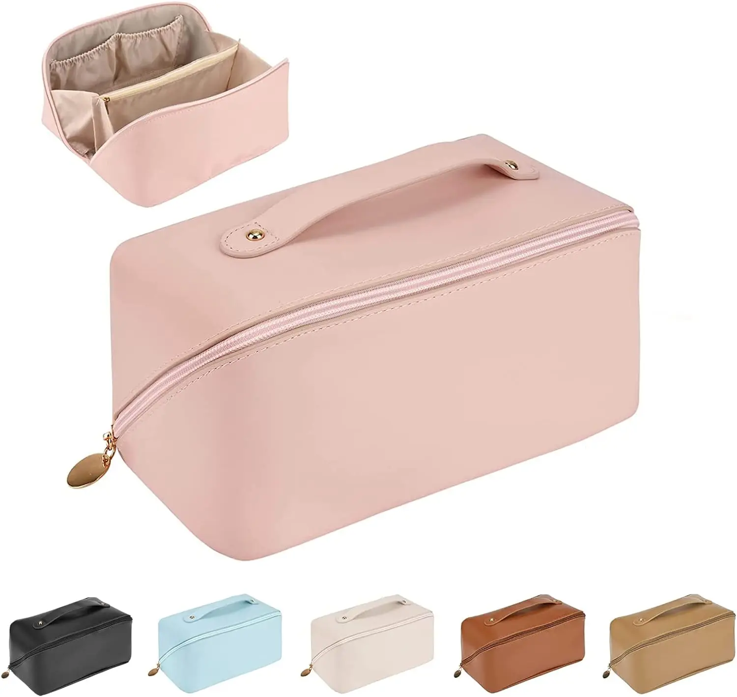 Makeup Bag, Travel Large Capacity Makeup Bag, with Handle and Divider, Waterproof PU for Women Toiletry Multifunction Organizer