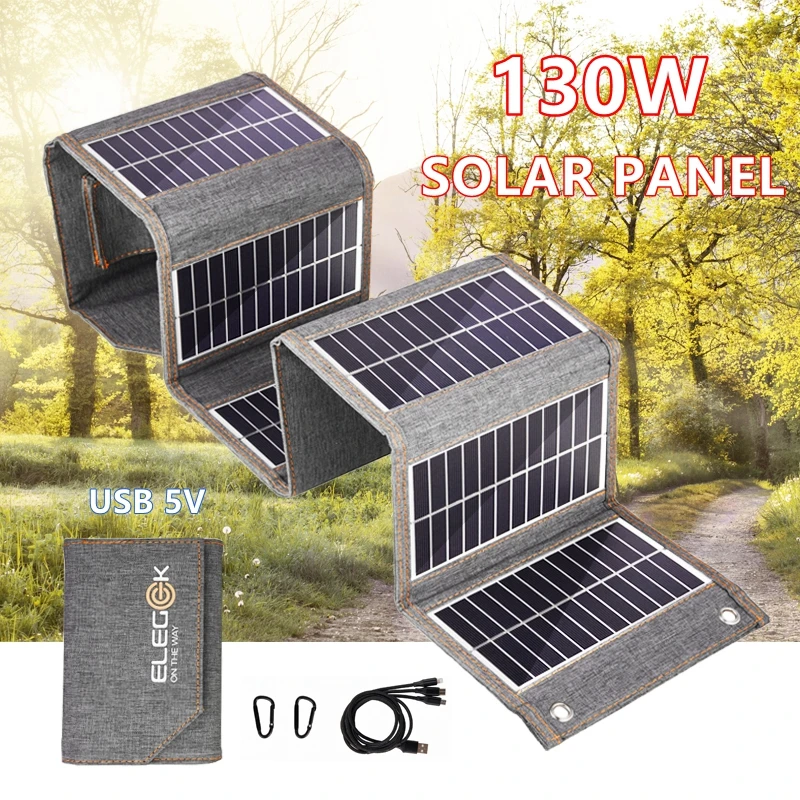 130W/80W Folding Solar Panel USB 5V Solar Charger Portable Solar Cell Outdoor Phone Power Bank for Camping Hiking + 3 in 1 Cable