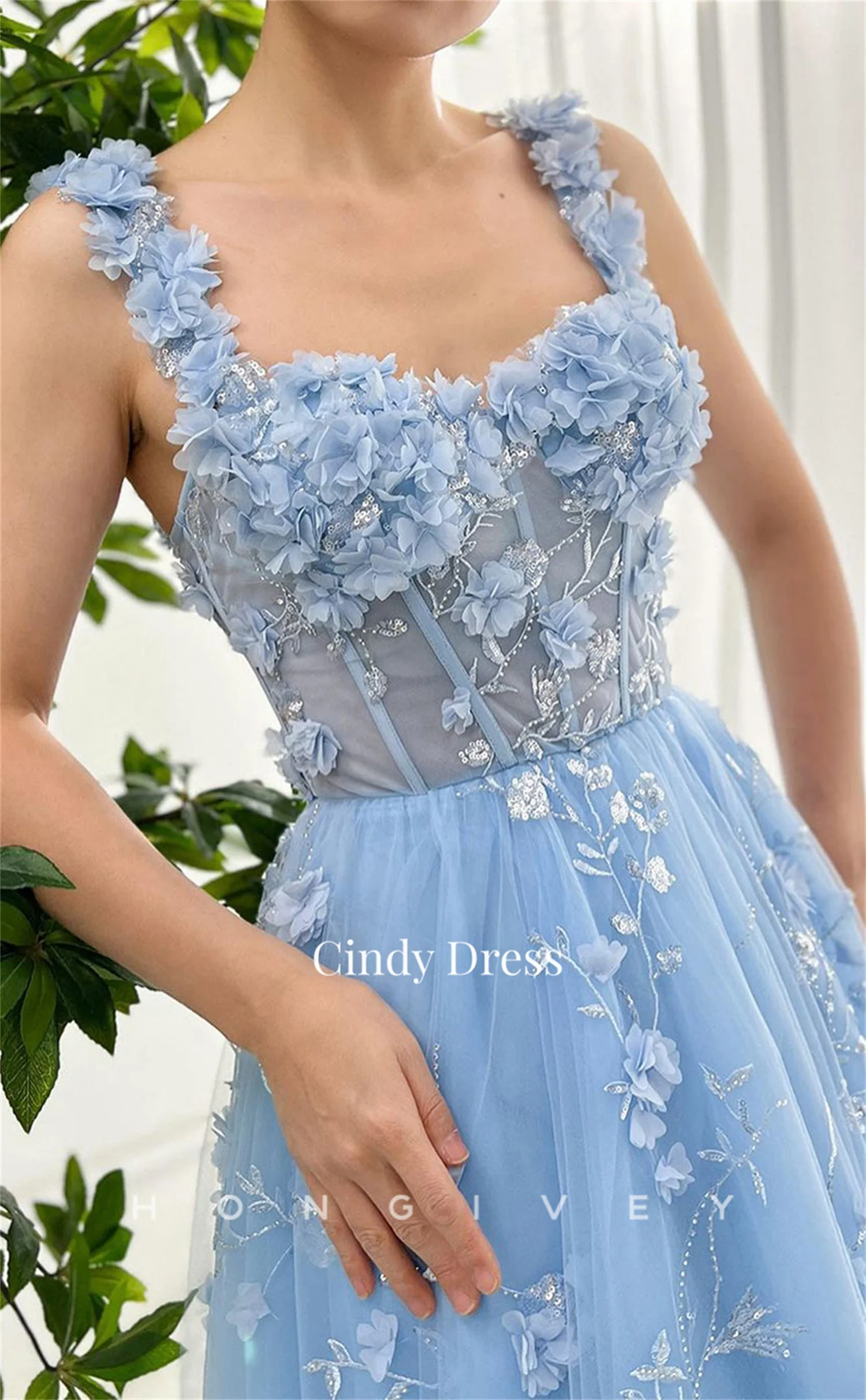 Cindy A-line vestido De encaje con cuentas brillantes para mujer, flores 3D, azul claro, vestidos De fiesta para mujer, vestido De noche para baile