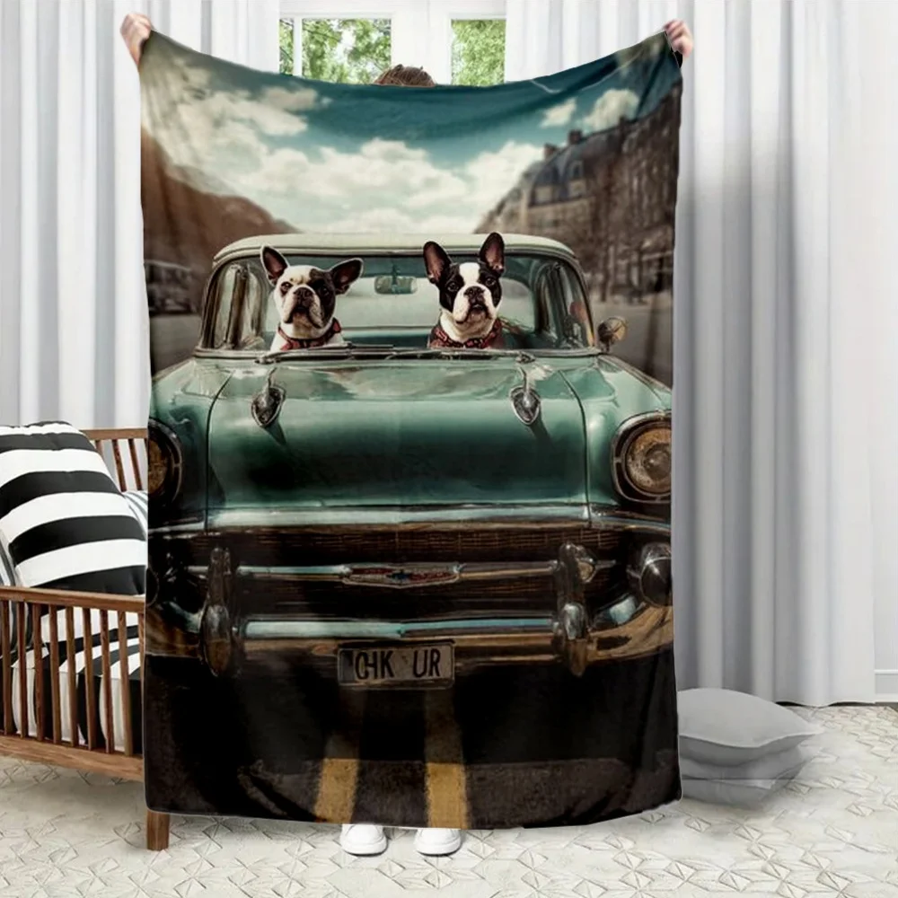 Decorative Dog Portrait Blanket Throw Vintage Car Pet Blanket Cozy Gift for Dog Lovers Giant 150x230cm Home Decor