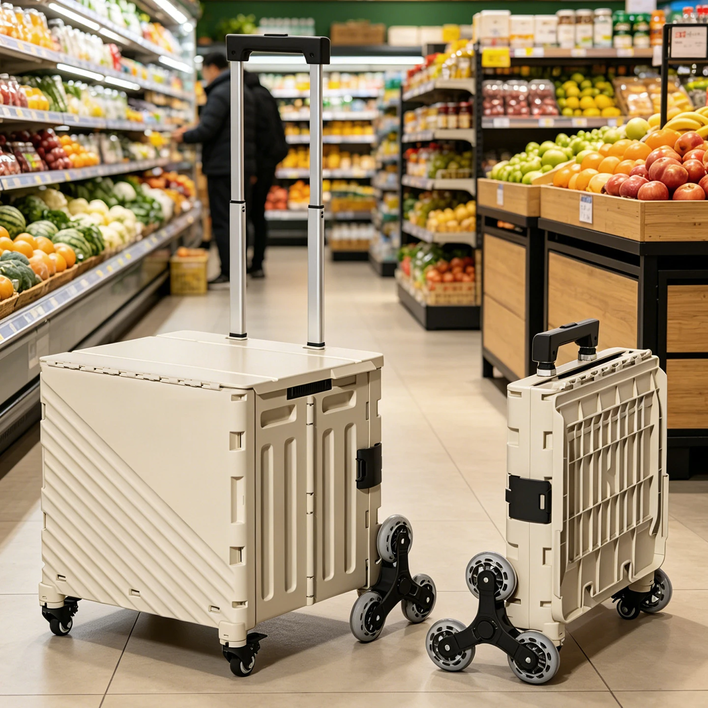 Foldable Shopping Cart with Lid Plastic Storage Box Utility Wagon with Adjustable Handle Rolling Wheel Basket for Outdoor Travel
