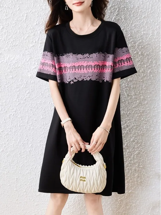 Bla imprimé perlé ample femmes Dr été nouveau Sle 2025 rétro t-shirt Dr rond Ne ort Sve jupe Midi