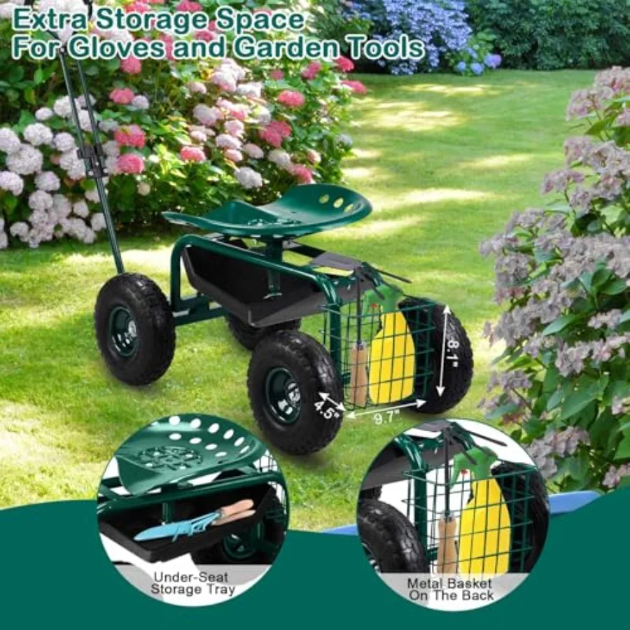 Garden Cart with Rolling Seat, Wheels, Adjustable Steering Handle and Utility Tool Tray, Planting Wagon Scooter, Gardening Tool