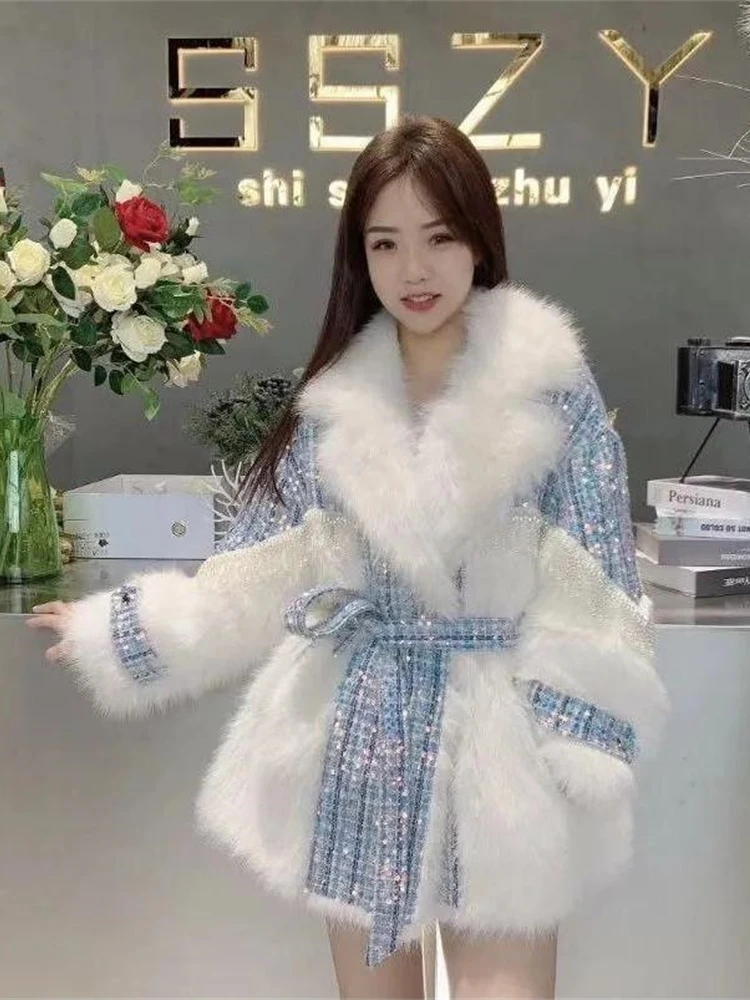 2022 New Winter Woolen Coat Women Thick Warm V-neck Long-Sleeve Lace-up Waist Plush Fur Coat Temperament Beaded Sequins Overcoat