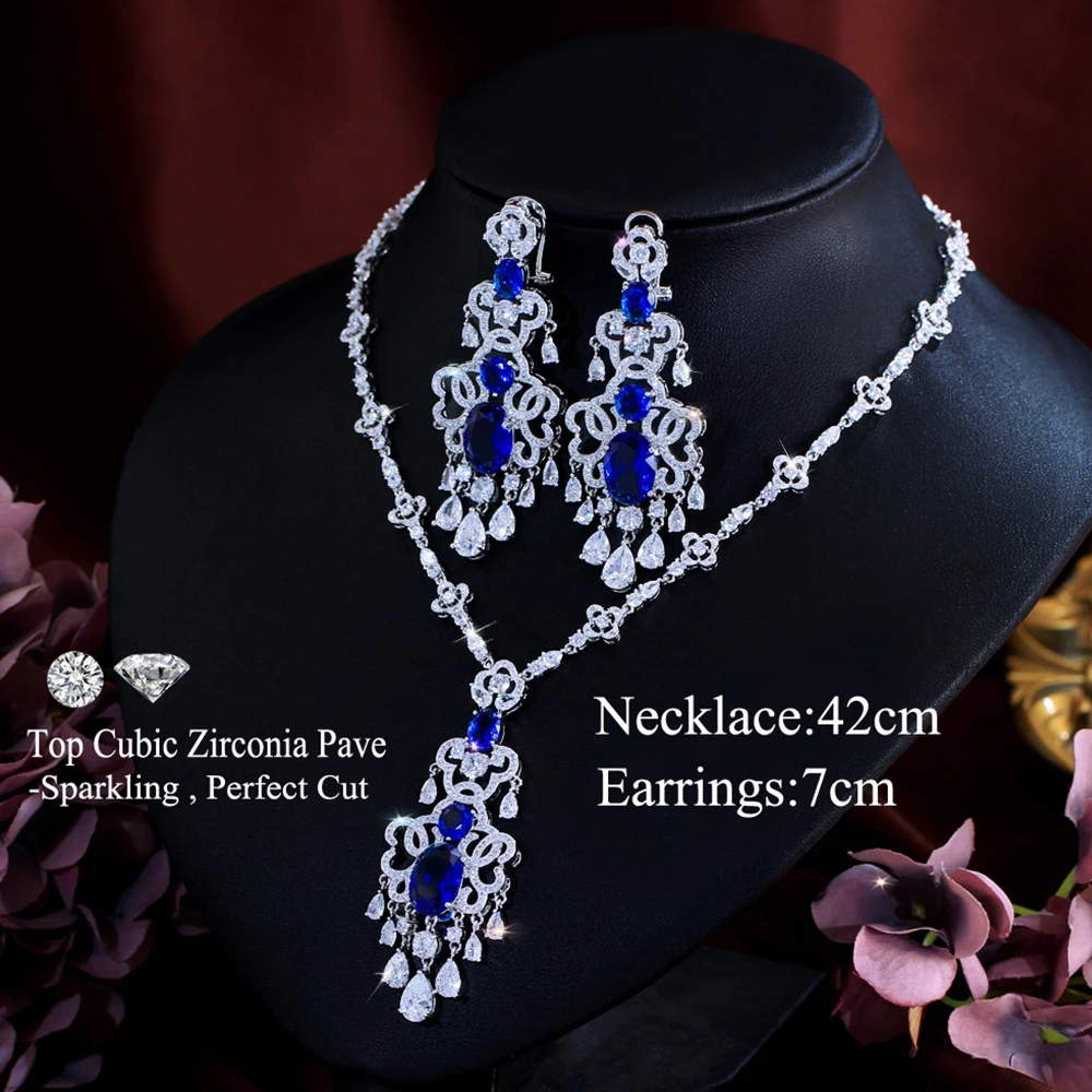 CWWZircons Top Quality Royal Blue Cubic Zirconia African Big Statement Necklace 2Pcs Sets for Women Evening Party Jewelry T0553