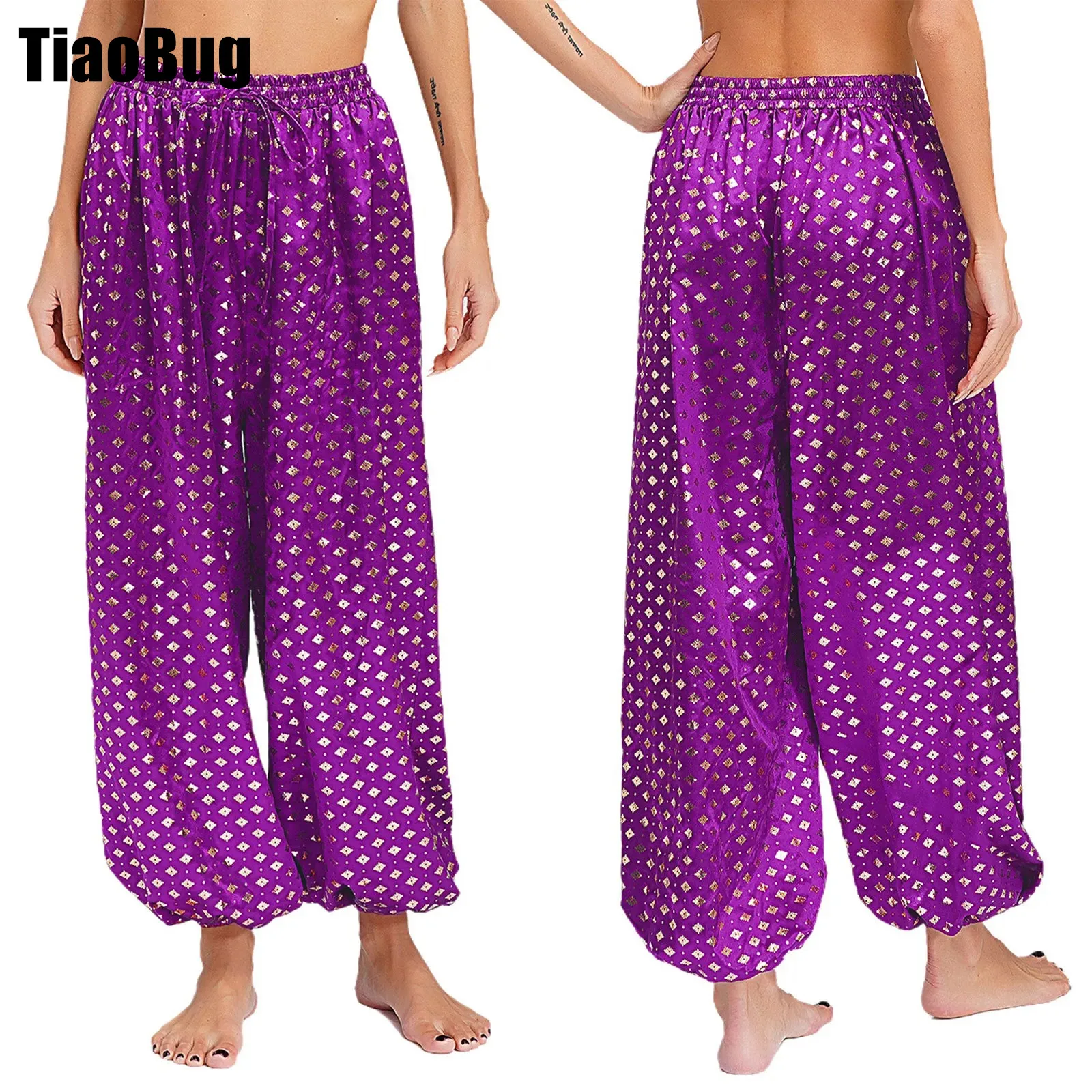 

Women Satin Belly Dance Pants Metallic Floral Print Drawstring Elastic Waistband Bloomers for Stage Performance Theme Party