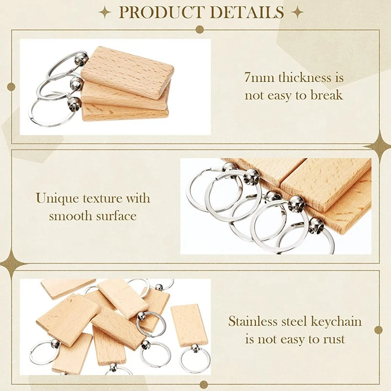 100Pieces Wooden Keychain Blanks Bulk Rectangle Wood Engraving Blanks Unfinished Wooden Key Ring Key Tag A-A07G