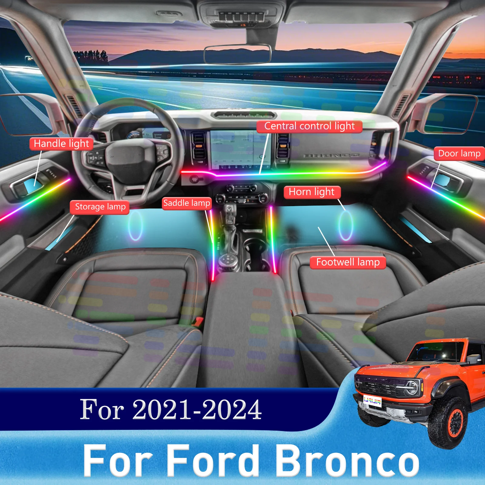 

For Ford Bronco Smart Remote Control RGB 64 Colors LED Car Interior Ambient Light Quick-Fit Installation Kit For 2021-2024