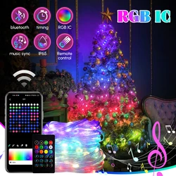 Guirnalda de luces LED inteligente para Navidad, tira de luces RGBIC con aplicación Bluetooth, USB, lámpara de hadas impermeable, decoración de boda y árbol de Navidad