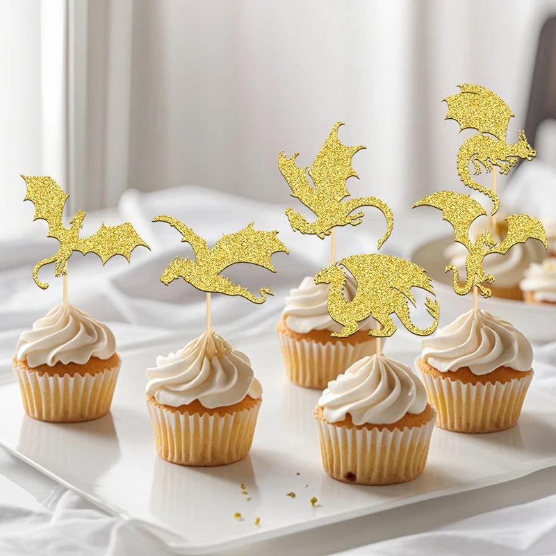 YOMDID 24 Stück Glitzer-Flugdrachen-Kuchenaufsätze, Drachen-Dinosaurier-Cupcake-Topper für Babyparty-Geburtstagstorten-Dekorationen – Detail 8