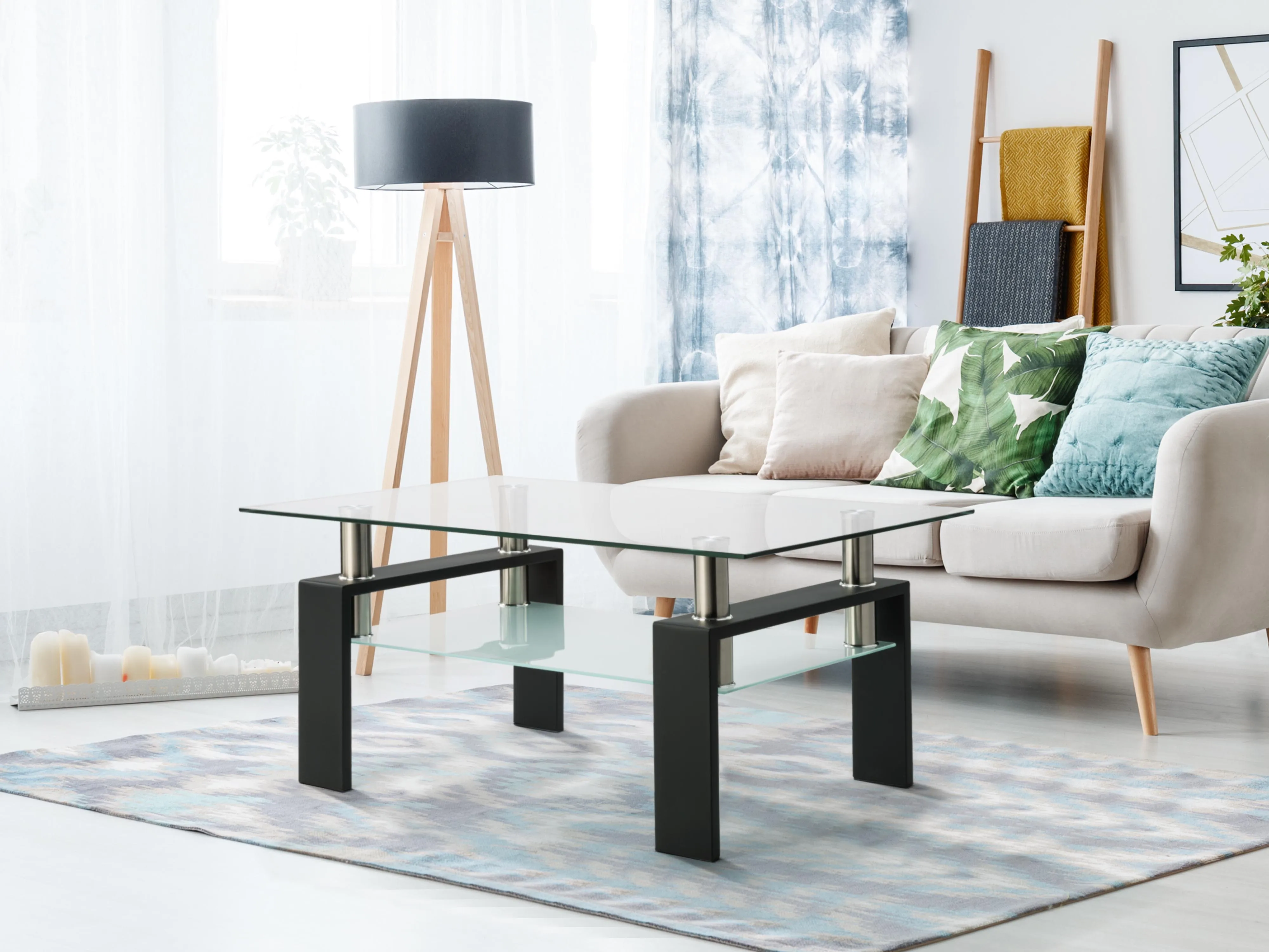 

Rectangle Black Glass Coffee Table, Clear Coffee Table, Modern Side Center Tables for Living Room, Living Room Furniture