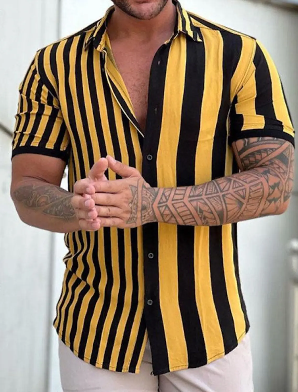 

Men's Shirt Button Up Shirt Casual Shirt Summer Beach Shirt Short Sleeve Striped Turndown 100 % polyster Clothing Comfortable