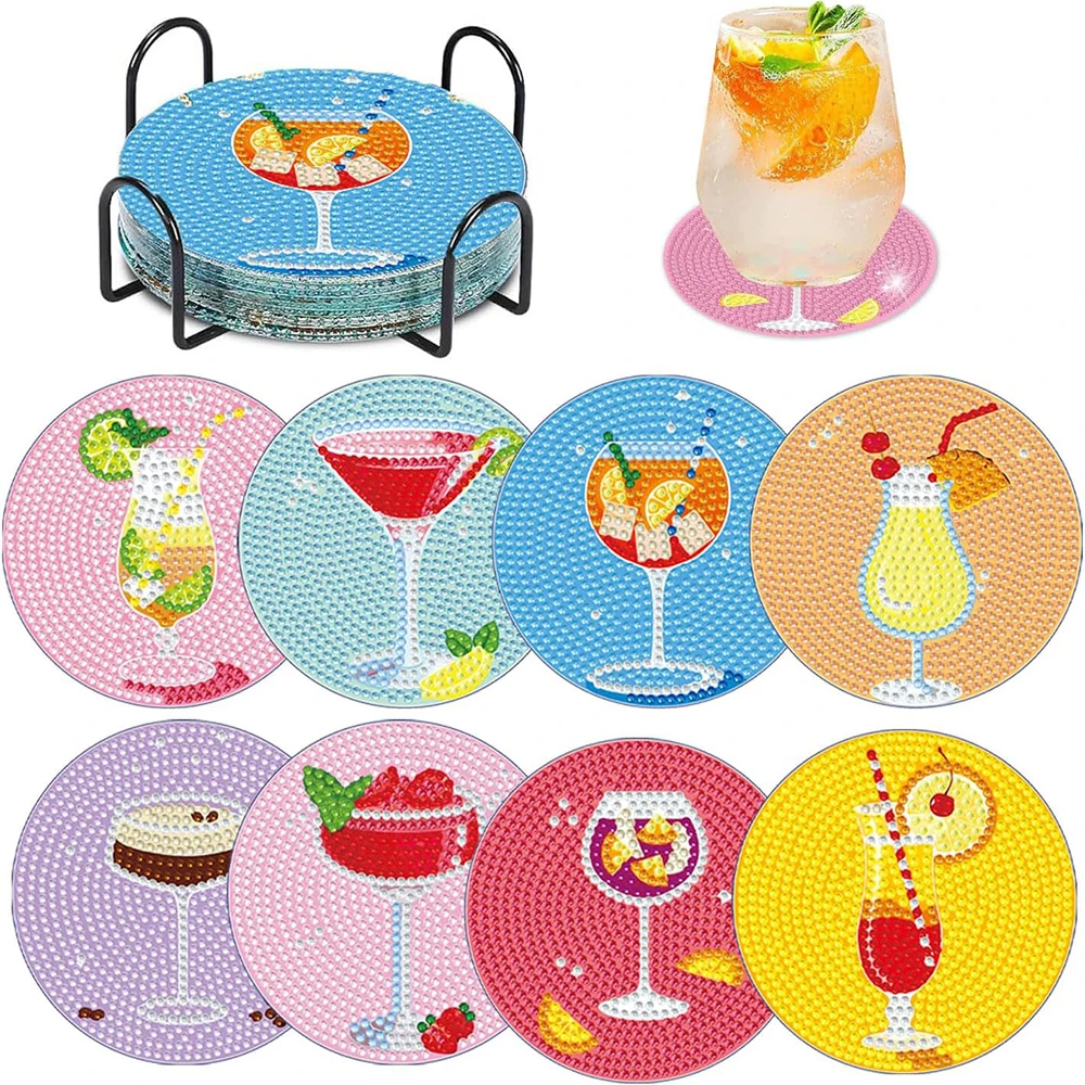 

8PCS Cocktail Diamond Painting Coasters with Holder DIY Drink Coasters Art Crafts Cup Mat for Home Decor House Warming Gifts