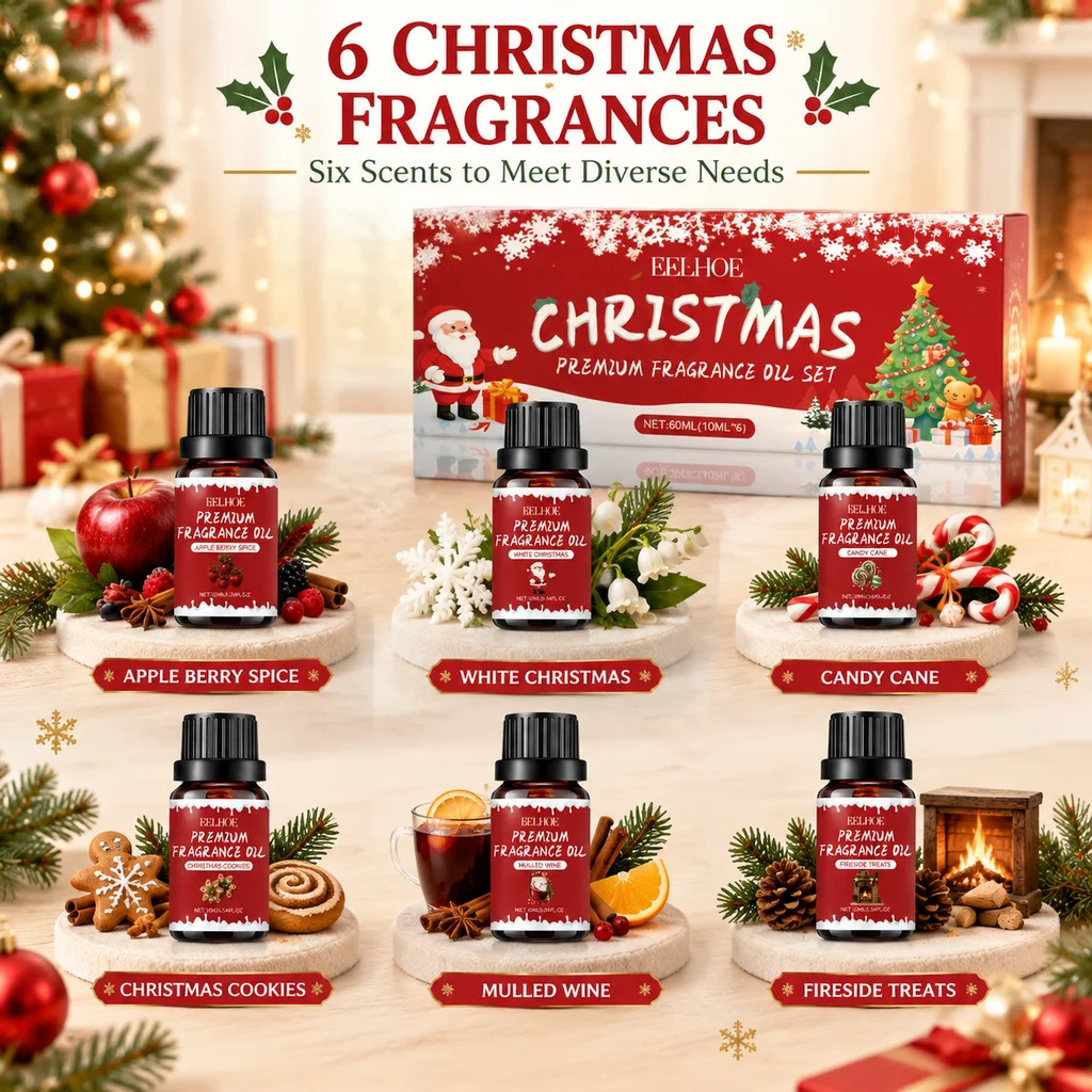 Christmas Essential Oils Gift Set 6x10ml Pure Fragrance Oils Kit Peppermint Cinnamon Apple Freesia Scented for Aromatherapy Diff