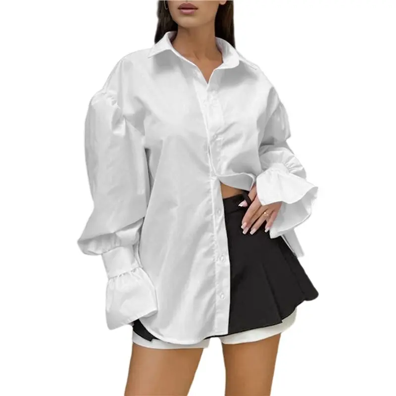 

CYL-Button Down Shirt For Women Long Sleeve Blouses Tops Business Casual Work Outfits White L