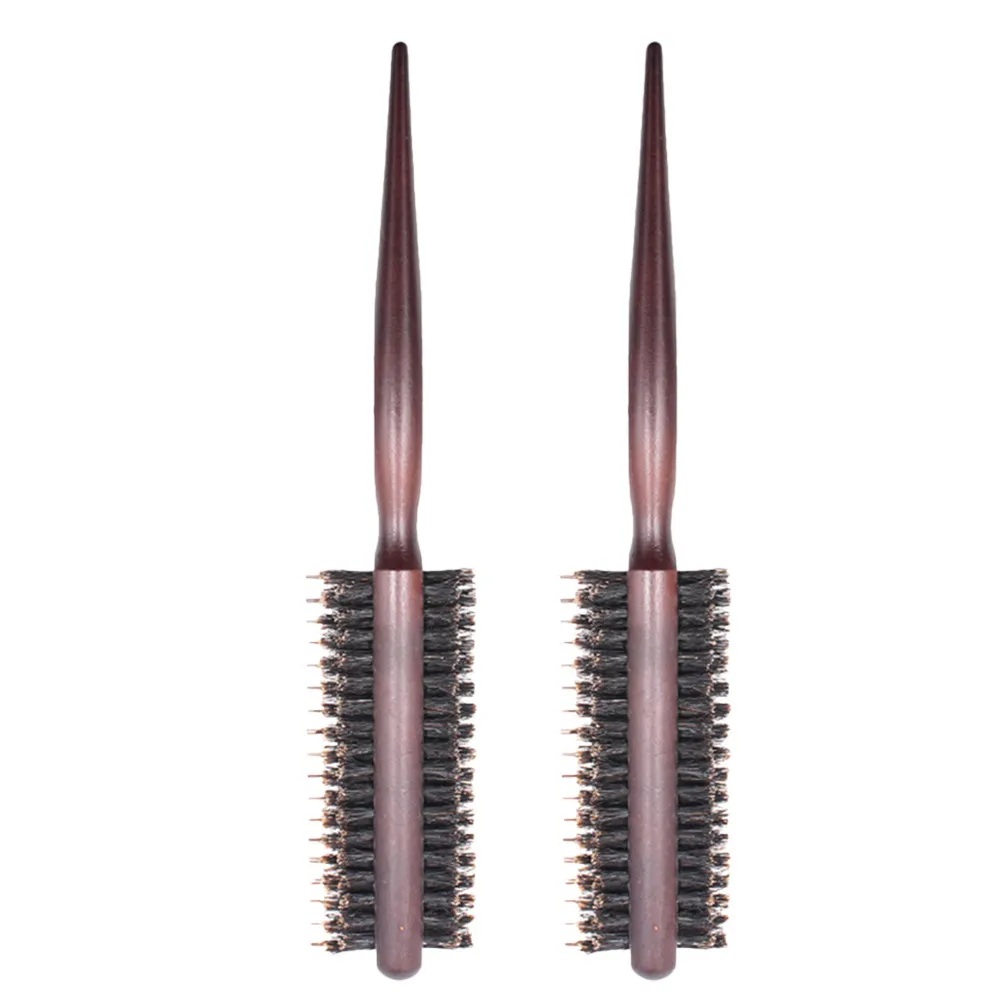2Pcs Hair Styling Roll Comb Wooden Handle Pig Bristle Curl Brush Salon Detangling Volume Booster Healthy Scalp Hair Brush