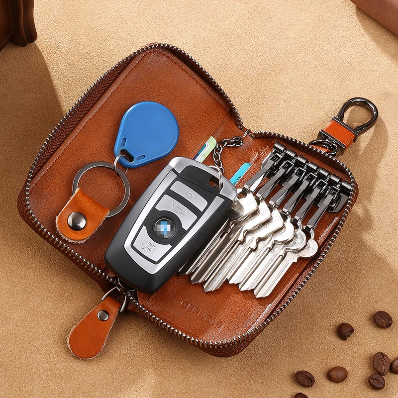 Leather Car Key Fob Case Holder for Men and Women, Car Smart Keychain Protector Cover with Metal Hook and Keyring