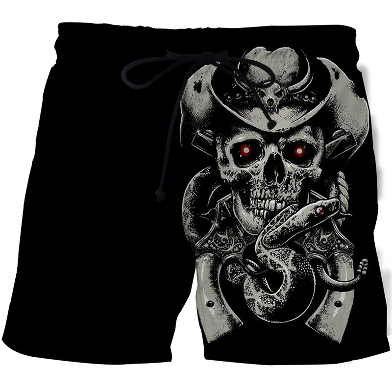Cool Skeleton Graphic Swim Trunk For Men Flower Skull 3D Printed Short Pants Summer Loose Harajuku Sport Street Board Shorts