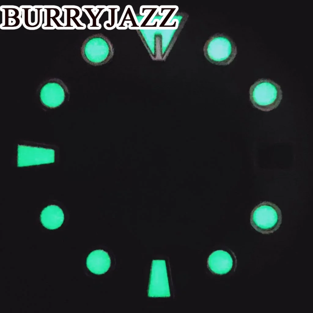 BURRYJAZZ 28,5mm sin logotipo NH35 esferas de reloj esfera verde luminosa ajuste las 3 en punto 3,8 en punto corona de la caja