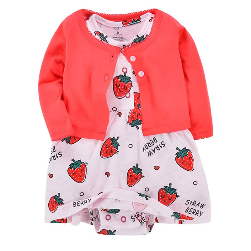 New Baby Girls Dress 2pcs/sets Cotton Jumpsuit  Short Sleeved Dress + Coat Newborn Flower Pink Fruit Toddler Kid Clothes