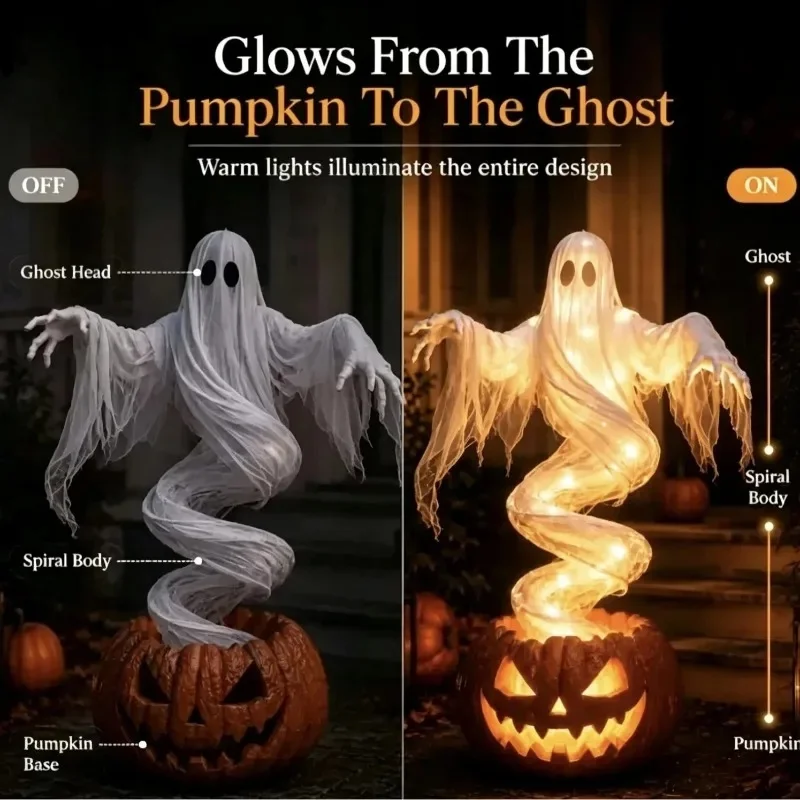 Halloween Swirling Ghost Pumpkin Light,Outdoor Yard Decor for Porch,Lighted Spooky Ghost Statue,LED Outdoor Porch Pathway Decor