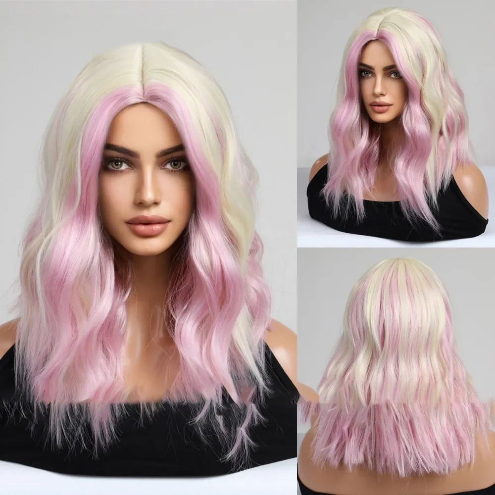 Y2K Synthetic wig Water Ripple Highlighte Halve Split Short Curly Wig Nature Realistic Full Cover Head