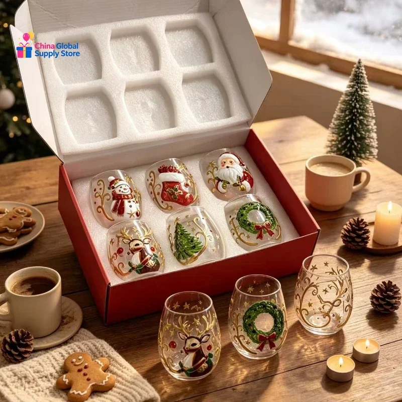 3D Christmas Painted High Borosilicate Glass Cups  Real Shot Santa Snowman Wine Glass Xmas Party Gift for Wine Milk Juice