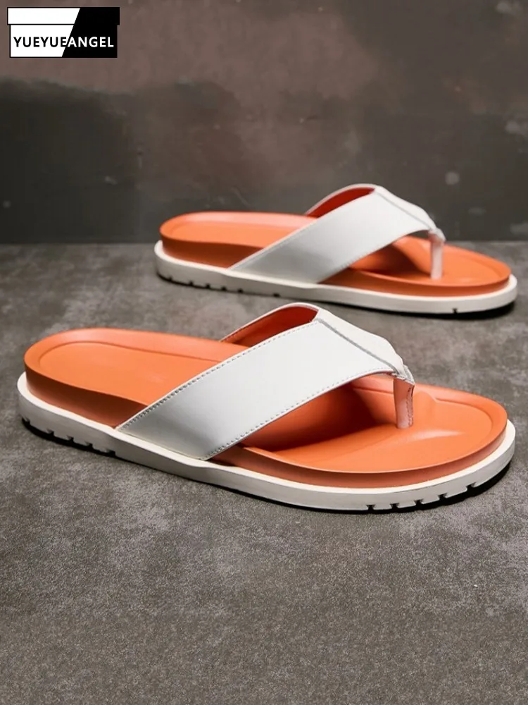 Summer Mens Flip Flops Comfortable Casual Outside Beach Shoes Male Fashion Thick Platform Cowhide Genuine Leather Slippers 46