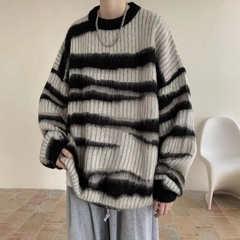 

Мужской винтажный полосатый пуловер, осень 202, мужской контрастный свитер, модный мужской вязаный свитер, мужской повседневный джемпер большого размера высокого качества