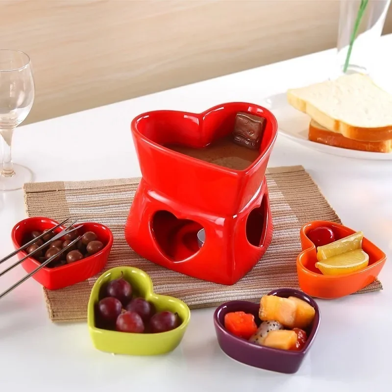 Chocolate Cheese Fondue Cup Set, Non-Stick Ceramic Warmer Personal Fondue Mug with 4 Forks for Marshmallow Treats